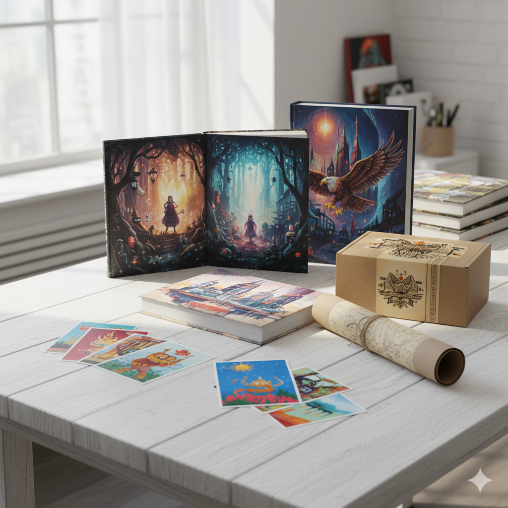 Graafisen suunnittelun tuotteita, mm. kirjoja ja kortteja